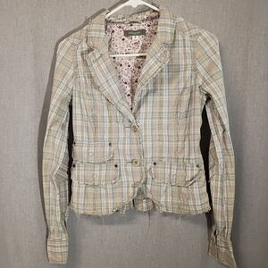 Heritage 1981 Plaid Jacket Tan, Olive Green & Blue 3 Pocket Button Front Close